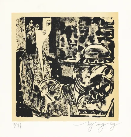 リトグラフ Tongzhengang - Femme à l'éventail