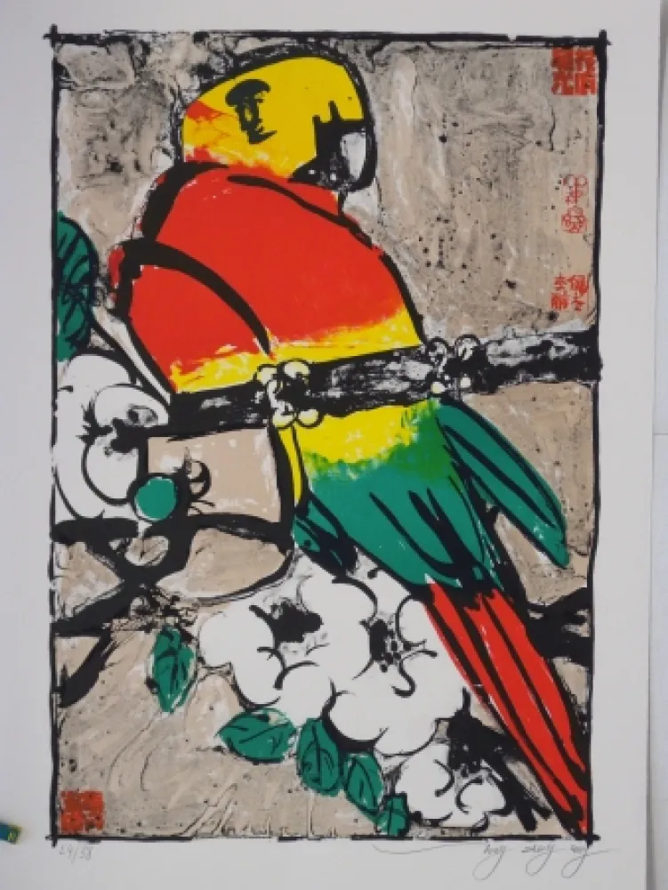 リトグラフ Tongzhengang - Perroquet fond beige