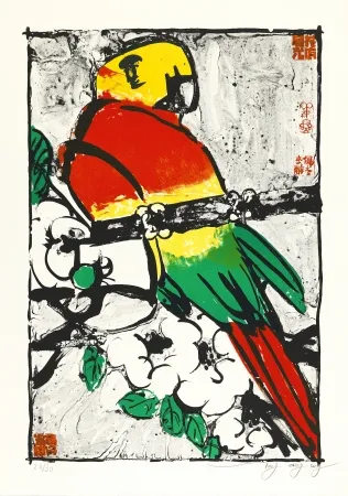リトグラフ Tongzhengang - Perroquet fond blanc