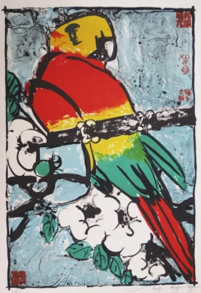 リトグラフ Tongzhengang - Perroquet fond bleu 