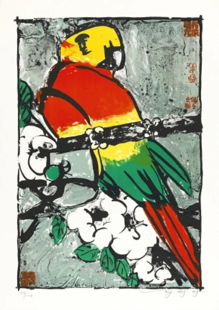 リトグラフ Tongzhengang - Perroquet  fond gris bleu