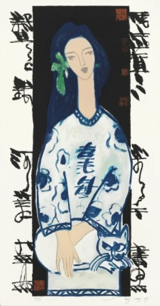 リトグラフ Tongzhengang - Woman and cat