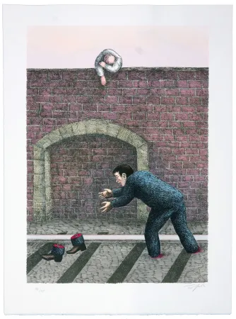 リトグラフ Topor - Gare de Mâcon, Mouroux eut les jambes coupées en deux par une machine. 