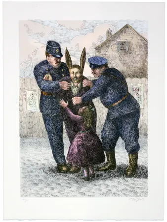 リトグラフ Topor - Le lapin de Montmartre (Lucien Undreiner) est arrêté. On le soupçonne d'un cambriolage (Asnières) et d'un meutre (Courbevoie)