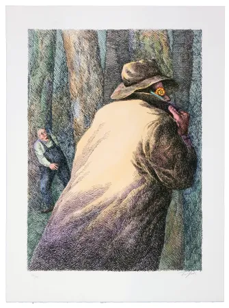 リトグラフ Topor - Le sombre rôdeur aperçu par le mécanicien Gicquel, près de la gare d'Herblay, est retrouvé : Jules Ménard, ramasseur d'escargots