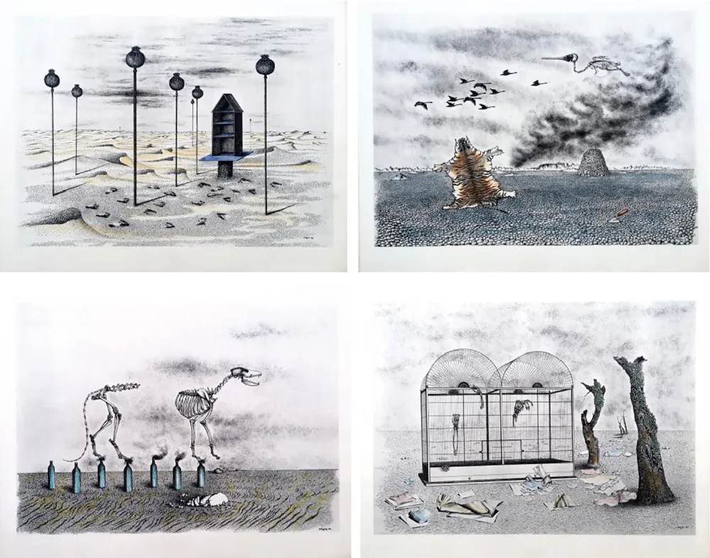 挿絵入り本 Toyen - Jindrich Heisler : CACHE-TOI GUERRE ! Cycle de Neuf Dessins. 1944. Ex. aquarellé.