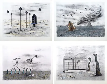 挿絵入り本 Toyen - Jindrich Heisler : CACHE-TOI GUERRE ! Cycle de Neuf Dessins. 1944. Ex. aquarellé.