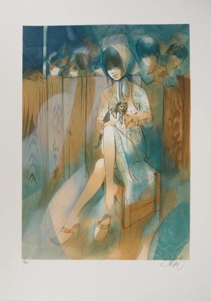 リトグラフ Valadie - Brassens, Brave Margot et son chat