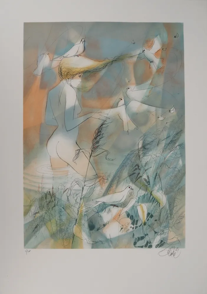 リトグラフ Valadie - Dans l'eau de La Claire Fontaine