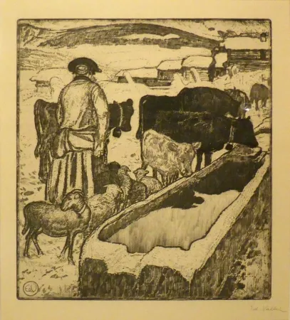 エッチングと　アクチアント Vallet - Le troupeau à l'abreuvoir / Die Herde an der Tränke