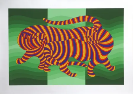 シルクスクリーン Vasarely - Two Tigers on Green