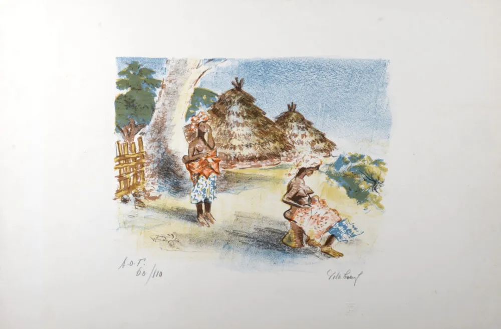 リトグラフ Villeboeuf  - Deux femmes africaines au village, c.1970, Hand-signed!