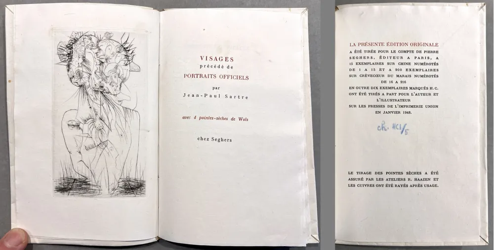 挿絵入り本 Wols - Sartre. VISAGES. 4 pointes-sèches de Wols. 1 des 15 ex. sur Chine (1948)