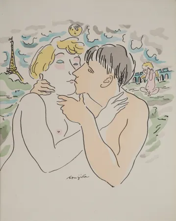 彫版 Foujita - Les amoureux à Paris