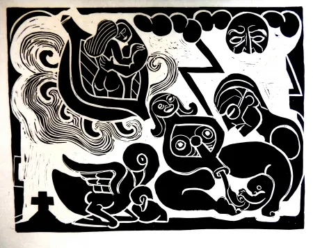 リノリウム彫版 Heerup - The Boat of Love